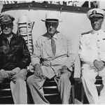 Franklin D. Roosevelt, General MacArthur, and Admiral Nimitz in Pearl Harbor, Hawaii. Courtesy: National Archives