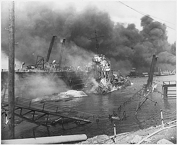 Burning and damaged ships after the Japanese attack on Pearl Harbor, Dec. 7 1941. Courtesy: National Archives