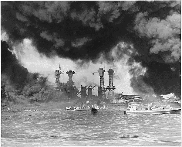 Burning and damaged ships after the Japanese attack on Pearl Harbor, Dec. 7 1941. Courtesy: National Archives