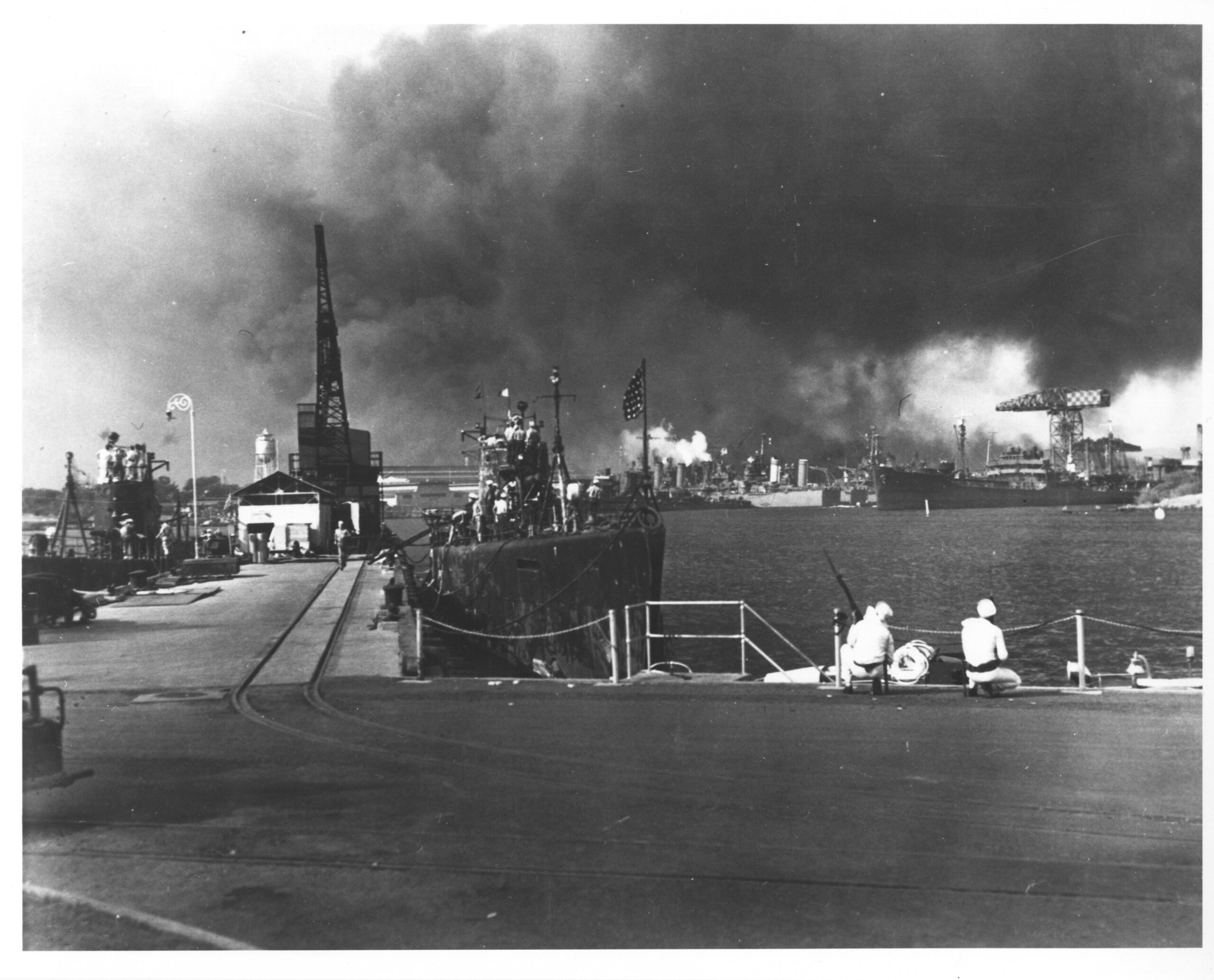 Burning and damaged ships at Pearl Harbor, Dec. 7 1941. Courtesy: National Archives