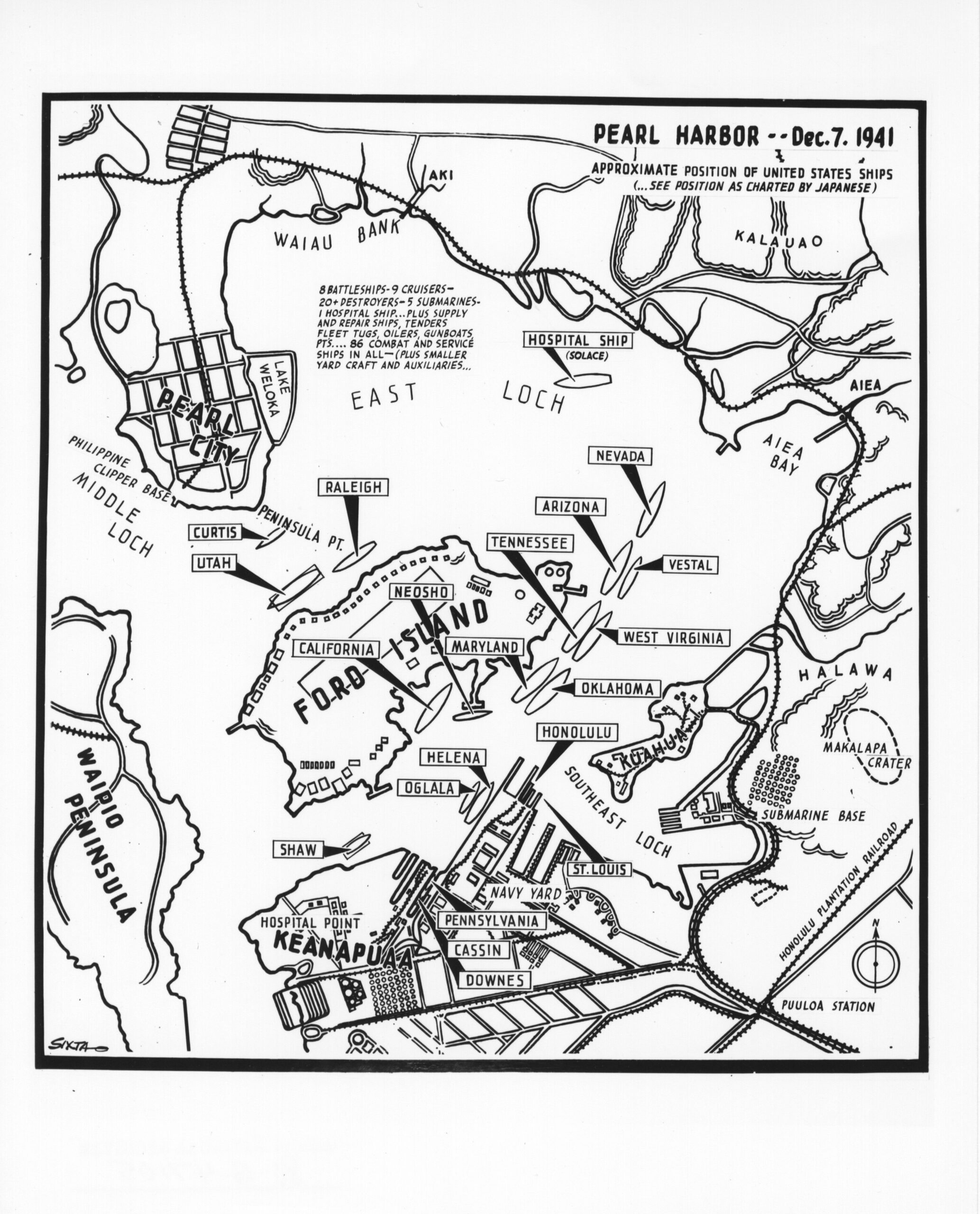 Original caption: Map of Pearl Harbor, one of approximately 40 new pictures of combat action during first six months of Pacific war, released in connection with publication of "Battle Report" by Comdr. Walter Karig, USNR and Lt. Welbourne Kelley, USNR. Rec'd Nov. 27, 1944. Courtesy: National Archives