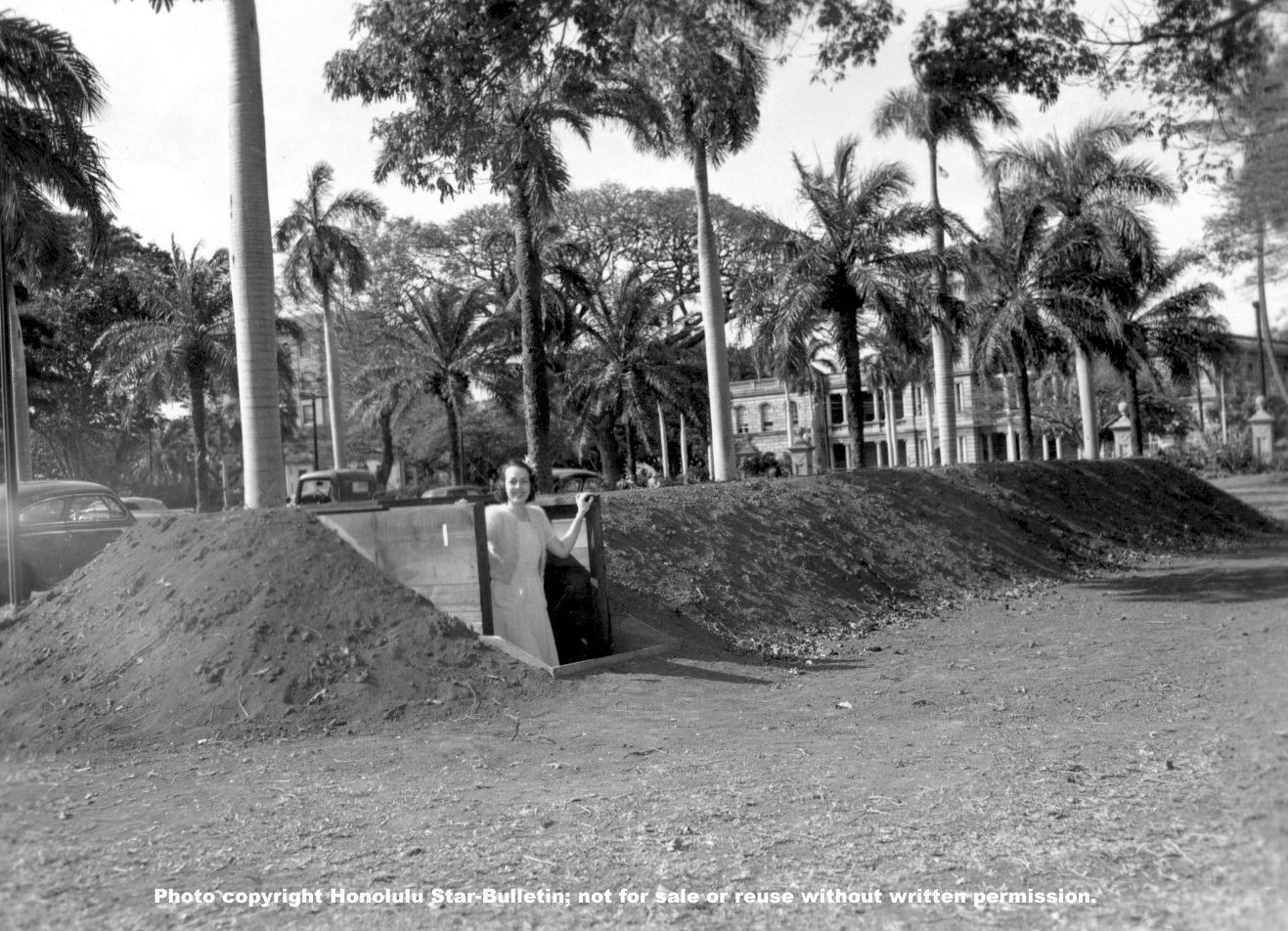 Air raid shelter showing Aliiolani Hale in background.